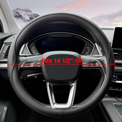 HAOTULE Leather Steering Wheel Cover， with Anti-Slip Stripe Design - Enhanced Grip, Fashion Style, Safe, Non-Slip, Breathable. Upgrade car Interior，Black - color: Black