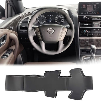 Steering Wheel Cover Hand-Stitch on Black Leather Protector Wrap for Nissan Frontier 2022-2025 Nissan Armada/Nissan NV Cargo/Nissan Titan/Patrol 2013-2022 Infiniti QX80 2014-2022