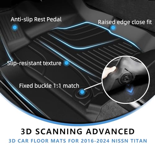 Custom Fit Floor Mats fit for 2017-2024 Nissan Titan / 2016-2024 Nissan Titan XD Crew Cab (with Rear Under Seat Organizer) All Weather Floor Liners 5D Carpet Liners Titan Accessories Black - style: 12)17-24 Titan Floor Mats
