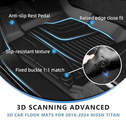 Custom Fit Floor Mats fit for 2017-2024 Nissan Titan / 2016-2024 Nissan Titan XD Crew Cab (with Rear Under Seat Organizer) All Weather Floor Liners 5D Carpet Liners Titan Accessories Black - style: 12)17-24 Titan Floor Mats