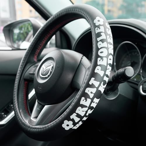 Treat People with Kindness Car Leather Steering Wheel Cover - 15-inch Universal Microfiber- Soft & Breathable & Silicone Anti Slip Auto Steering Wheel Wrap for Women - color: Treat People with kindness