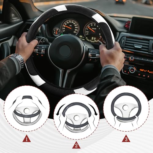 Car Steering Wheel Cover, Steering Wheel Protector, Universal 14.5-15 Inch Microfiber Leather Breathable Auto Steering Wheel Covers, Carbon Fiber Steering Wheel Cover for Women Men (White) - color: White