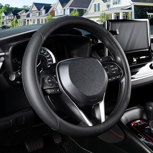 SEG Direct Steering Wheel Cover for 14.5-15 inch Wheels, Breathable PU Leather with Perforated Sides, Anti-Slip Grip, Universal Fit for Cars & SUVs, Black - color: Black, size: O-shaped