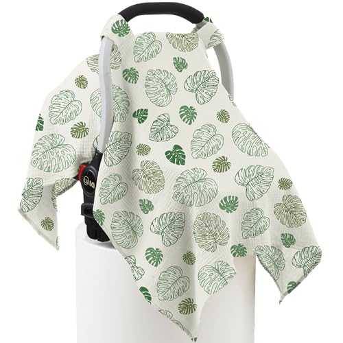 100% Muslin Cotton Car Seat Cover Baby, Carseat Canopy Cover, Universal Fit Stroller Covers for Boys and Girls (Monstera Green) - color: monstera green