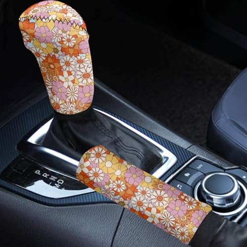 Hippie Flower Car Handbrake Cover Gear Shift Knob Cover Set, Automotive Shift Protector Cover Interior Accessiores Universal Fit Most Vehicle SUV Truck - color: Hippie Flower