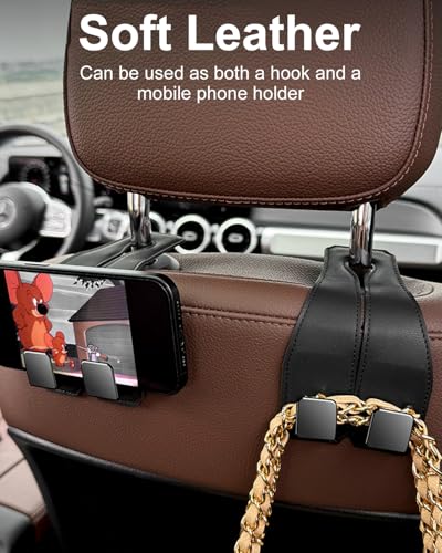 2 Pcs Car Hooks for Headrest, Adjustable Vehicle Seat Back Car Organizers and Storage Accessories, Universal Fit Double Metal Leather Purse Holder for Car(Black) - color: Black