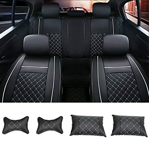 Universal PU Leather Car Seat Cover Full Set 5-Seat Front&Rear Cushions Full Seat with Pillows Fit for SUV Truck Van Year Round Use (Black/White Line) - color: Black/White Line
