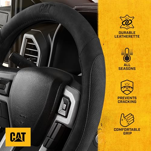 Cat® US Flag Leather Steering Wheel Cover w Metal Flag Emblem, Black Leatherette, Standard 14.5–15.5 Inch, Non Slip Comfort, Car Steering Wheel Cover for Truck SUV Auto, American Flag Car Accessories - color: Flag Emblem - Black, size: Standard (14.5-15")
