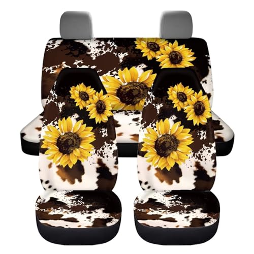 Sunflower Print Car Interior Accessories Cow Sunflower Floral Print Car Seat Covers Full Set for Women,4 Piece Car Anti-Skid Bucket Seat Cover,Universal Fit Truck SUV Van Dog Blanket - color: Sunflower Cow