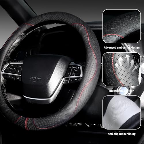 Nappa Leather Steering Wheel Cover, Universal 14.5-15 inch, Anti-Slip Breathable Leather, Sporty Style, Durable Grip Car Accessory for Men Women, Black - color: black
