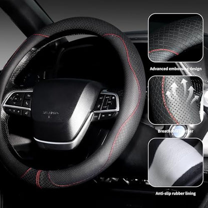 Nappa Leather Steering Wheel Cover, Universal 14.5-15 inch, Anti-Slip Breathable Leather, Sporty Style, Durable Grip Car Accessory for Men Women, Black - color: black