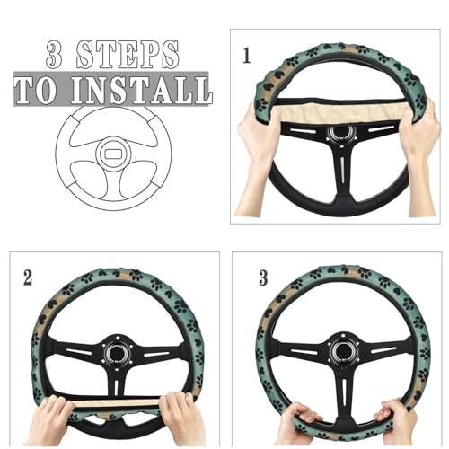 Green Brown Wooden Dog Paw Steering Wheel Cover for Women Men, Non-Slip Steering Wheel Protector Car Wheel Covers, Universal 15 Inch Fit for Auto, Suvs, Truck - color: Green Brown Wooden Dog Paw