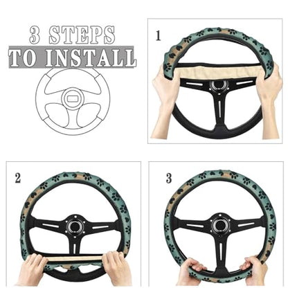 Green Brown Wooden Dog Paw Steering Wheel Cover for Women Men, Non-Slip Steering Wheel Protector Car Wheel Covers, Universal 15 Inch Fit for Auto, Suvs, Truck - color: Green Brown Wooden Dog Paw
