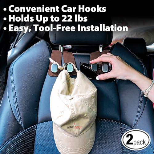 Headrest Hooks for Car, Purse Hook for Car, Premium Leather Twin Hook Car Seat Hooks, Double Hook Seat Back Storage Organizer for Purses, Bags, SUV, Truck, Vehicle, 2 Pack, Brown - color: Brown