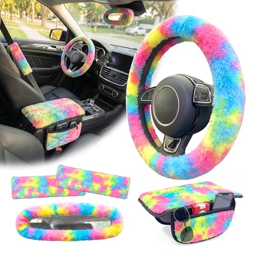 5 Pcs Fuzzy Tie Dye Rainbow Car Accessories Set, Soft Fluffy Plush Steering Wheel Cover, Center Console Armrest Pad & Rearview Mirror Cover - Interior Decorations for Women,Universal Fit (Candy) - color: Candy