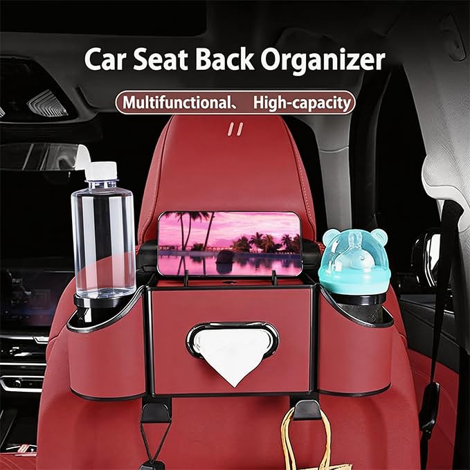 Back Seat Car Organizer,4 in 1 Multifunctional Car Back Seat Storage Box with Drink Cup Holder Tissue Box, for Hold Phone,Snacks, Drinks, Handbag-Red - color: Red