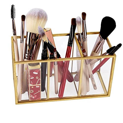 NIUBEE Acrylic Pen Holder 3 Compartments, Gold Pencil Organizer Cup for Countertop Desk Accessory Storage - color: Gold, size: 3 Cube