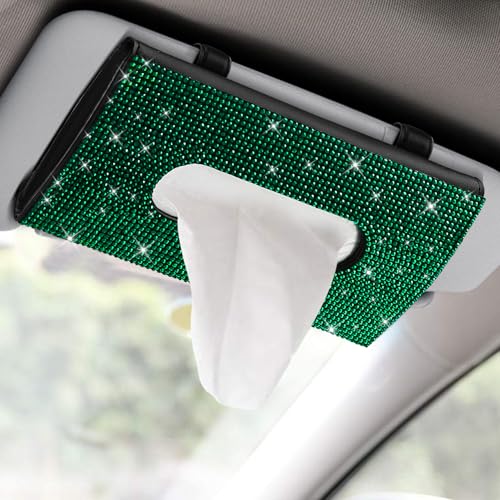 Bling Car Sun Visor Tissue Box Holder, Visor Accessories, Rhinestone PU Leather Crystal Sparkling Napkin Holder, Auto Sun Visor Paper Towel Cover Case Accessories for Most Cars (Green) - color: Green