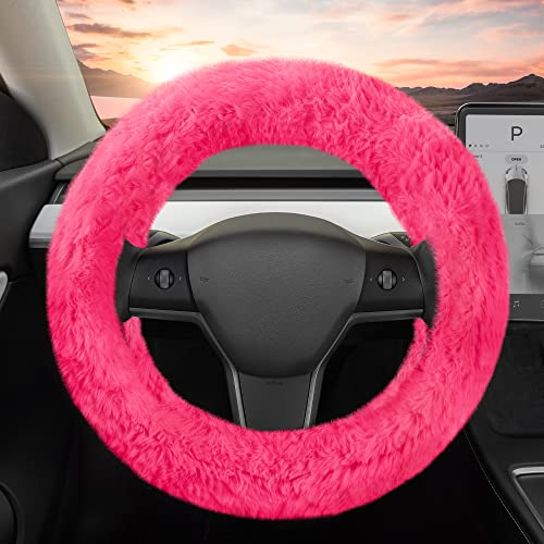 Carbella Aspen Hot Pink Fuzzy Steering Wheel Cover for Women - Cute and Stylish Fluffy Fur Steering Wheel Cover for Cars Trucks Vans SUVs, Universal Fit for Wheel Sizes 14.5 to 15.5 inches - color: Fuzzy Pink