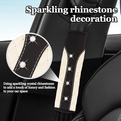 Hovom 2PCS Bling Car Seat Belt Cover Pad, Leather Seatbelt Covers for Cars, Soft Safety Seatbelt Shoulder Strap Covers, Rhinestone Auto Seat Belt Protector Cushion for Women Girls (White) - color: White
