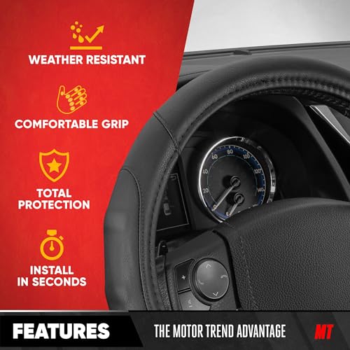 Motor Trend GripDrive Faux Black Leather Steering Wheel Cover for Car Truck Van SUV, Small 14 inch Size, Solid Black Stitched Car Steering Wheel Cover Vehicle & Auto Accessories