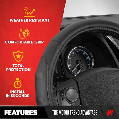 Motor Trend GripDrive Faux Black Leather Steering Wheel Cover for Car Truck Van SUV, Small 14 inch Size, Solid Black Stitched Car Steering Wheel Cover Vehicle & Auto Accessories