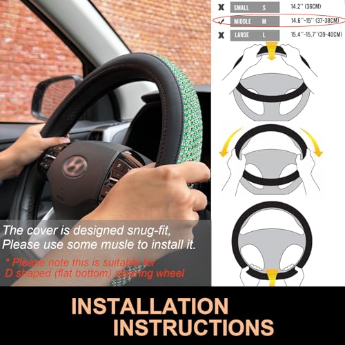 D Shaped Bling Comfy Steering Wheel Cover with Jumbo Crystal Rhinestones, Anti-Slip Diamond Leather, Flat Bottom 14.5-15 Inch (Vivid Green) - color: 910.Vivid Green, size: D Shaped/Flat Bottom[14 1/2''-15'']
