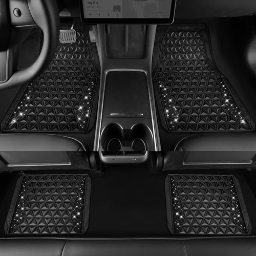 CAR PASS Bling Diamond Car Mats Rubber Floor Mats Full Set Anti-Slip 3D Rhombus Waterproof Trim to Fit Liner Universal Glitter Crystal Sparkly Shining Rhinestone Girl Women SUV Sedan, Black Diamond - color: Black Diamond