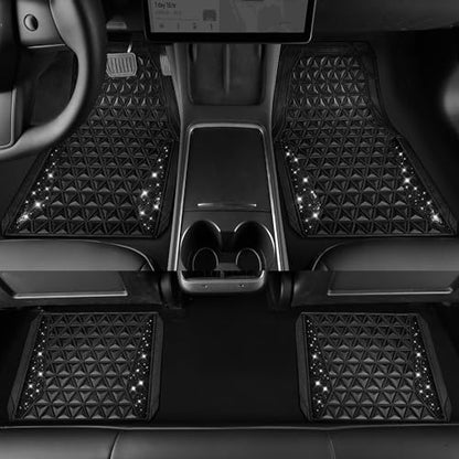 CAR PASS Bling Diamond Car Mats Rubber Floor Mats Full Set Anti-Slip 3D Rhombus Waterproof Trim to Fit Liner Universal Glitter Crystal Sparkly Shining Rhinestone Girl Women SUV Sedan, Black Diamond - color: Black Diamond