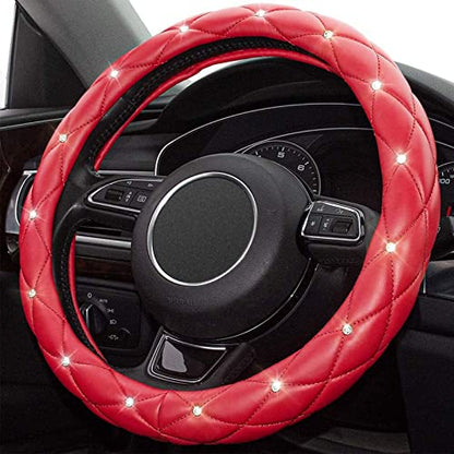 Red Steering Wheel Cover, Leather Car Steering Wheel Cover, Crystal Rhinestones Anti-Slip Soft Accessories for Women and Girl Universal Fit 14.5-15 Inch - color: . .Red..