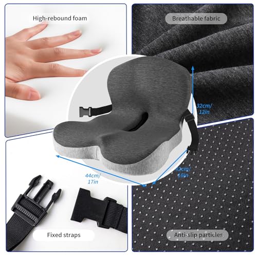 Car Seat Cushion and Lumbar Support Pillow with Fixing Strap, Larger Memory Foam Seat Cushion, Ergonomic L-Shaped Design Cushion for Back Pain Relief, Non-Slip Driving Cushion for Car, Office, Truck,