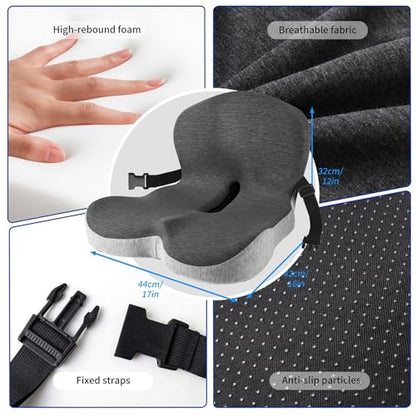 Car Seat Cushion and Lumbar Support Pillow with Fixing Strap, Larger Memory Foam Seat Cushion, Ergonomic L-Shaped Design Cushion for Back Pain Relief, Non-Slip Driving Cushion for Car, Office, Truck,