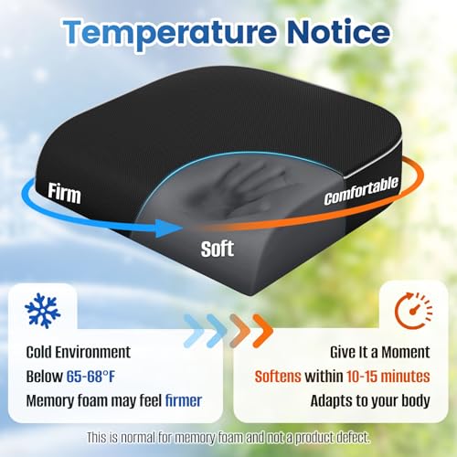 Seat Cushion for Tailbone Pain Relief, Office Chair Cushion, Memory Foam Large Cushion with Non-Slip Cover for Soft Support at Office Chair, Car Seat, Airplane, Floor Pillow, Black/Large