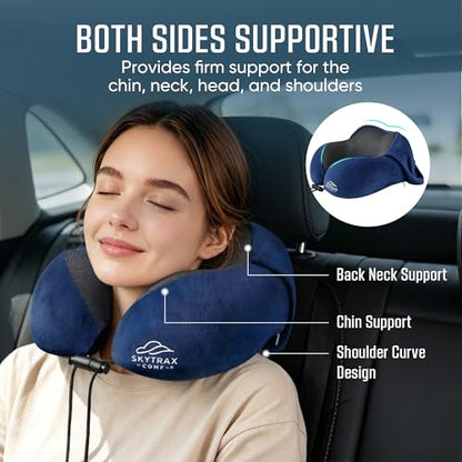 SkytraxComf® Travel Neck Pillow with Hood for Privacy on Long Flights | Memory Foam | Airplane Sleep | Safety-Tested Materials | Extra Large Hood | Chin Support | Earplugs | Washable Cover