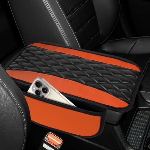 wuyaoyao Car Center Console Cover, 12.2"×7.5" Waterproof Leather Auto Armrest Cover Protector with Side Pockets, Stylish Comfortable Vehicle Arm Rest Box Cushion Pad, Car Accessories (Orange) - color: Orange