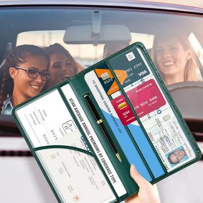 CoBak Car Registration and Insurance Holder - Vehicle Glove Box Car Organizer,Auto Truck Comparment Accessories Case with Magnetic Closure for Driver License,Cards - color: L-Crocodile Pine Green