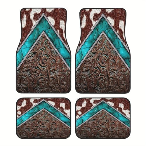 Universal Fit Car Floor Mats Set of 4Pcs, Western Cowboy Style Blue-Brown All-Weather Front Rear Car Carpet Mats, Non-Slip Car Floor Mat Car Accessories for Automotive Trucks SUV Sedans Vans - color: Western Cowboy Blue-Brown