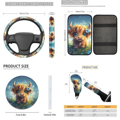 16 Pieces Car Seat Covers Full Sets, Highland Cattle Print Front Rear Seat Cover for Cars, Steering Wheel Cover Seat Belt Pads Arm Rest Covers Coaster Keychain, Universal Fit Auto Accessories - color: Brown and Blue - Highland Cattle