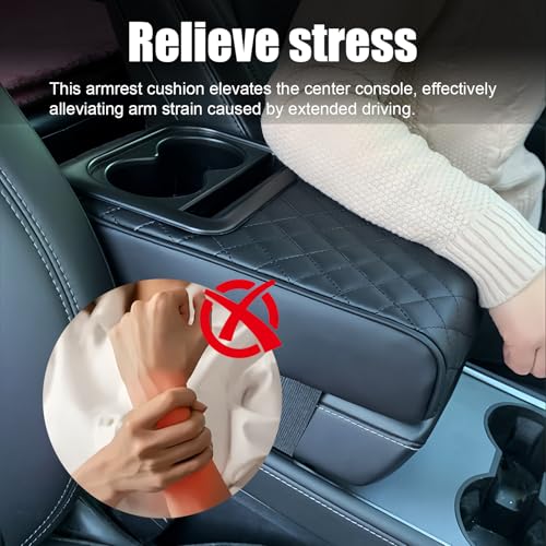 Leather Car Armrest Cup Holder Cushion, Memory Foam Car Arm Rest Cushion with Cup Holder & Phone Storage, Waterproof Ergonomic Armrest Box, 13.78" x 7.78" (Black)