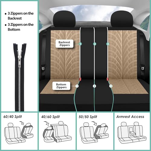 FFH Group Three Row Set 7 Seater Beige Travel Master Car Seat Covers, Airbag and Split Rear Car Seat Cover Universal Fit Interior Accessories for Cars Trucks SUV, Automotive Seat Covers - color: Beige