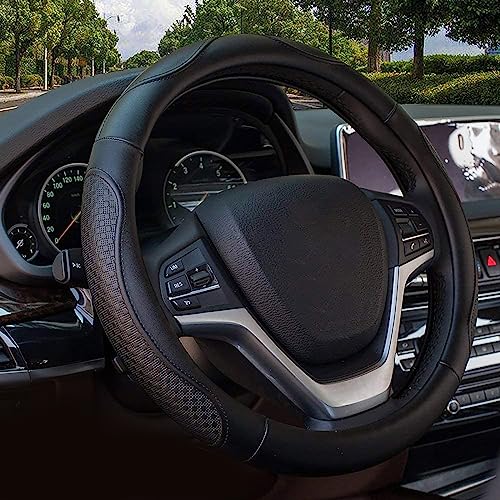 Valleycomfy Leather Steering Wheel Covers Universal 15 inch -Breathable, Anti Slip & Odor Free (Black with Black Lines,M(14" 1/2-15" 1/4)) - color: Black, size: M(14"1/2-15"1/4)