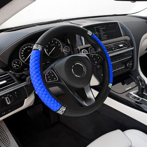 Bling Soft Leather Steering Wheel Cover, Anti-Slip Car Steering Wheel Protector, 15 Inch Rhinestones Soft Leather Elastic Steering Wheel Protector for Women Girls, Car Accessories for Most Cars - color: Blue, size: Rhinestones