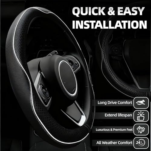 NBTEPEM 6 PCS Car Steering Wheel Cover Set, Microfiber Leather Steering Wheel Covers Universal 14.5-15 inch, Center Console Cover, Seat Belt Cushion, Cup Holder Coaster, Car Accessories Set White - color: Black with white, size: Steering Wheel Cover Set