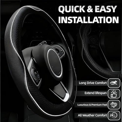 NBTEPEM 6 PCS Car Steering Wheel Cover Set, Microfiber Leather Steering Wheel Covers Universal 14.5-15 inch, Center Console Cover, Seat Belt Cushion, Cup Holder Coaster, Car Accessories Set White - color: Black with white, size: Steering Wheel Cover Set