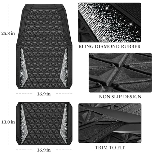 CAR PASS Bling Diamond Car Mats Rubber Floor Mats Full Set Anti-Slip 3D Rhombus Waterproof Trim to Fit Liner Universal Glitter Crystal Sparkly Shining Rhinestone Girl Women SUV Sedan Van, Black Silver - color: Silver Diamond