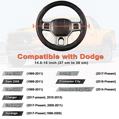 West Llama Customized Auto Car Steering Wheel Cover for Dodge 1989-2011 RAM 1500 2500 3500, Charger, Durango, Challenger (Diamond Quilted-Black+Red-Standard Size) - color: B-Black+Red, size: Standard Size (14 ½''-15'')