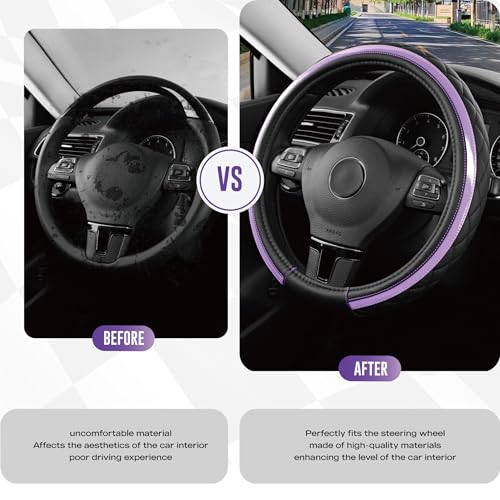 Road Comforts Leather Steering Wheel Cover – Black & Purple, Universal Fit 14.5-15 Inch, Microfiber Leather, Anti-Slip & Breathable Design for Men and Women - color: Purple