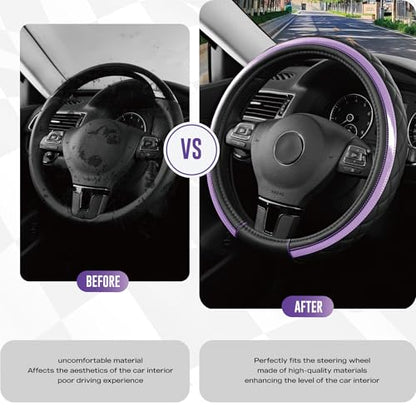 Road Comforts Leather Steering Wheel Cover – Black & Purple, Universal Fit 14.5-15 Inch, Microfiber Leather, Anti-Slip & Breathable Design for Men and Women - color: Purple