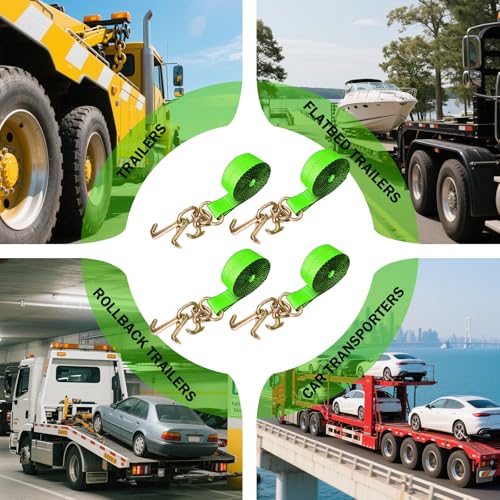 4PCs 2" x12' Recovery Winch Strap w/RTJ Cluster Hook, 10000LBS Tow Truck Car Wrecker Winch Tie Down Straps, Heavy Duty Autohauler Car Tie Down Straps(Green) - size: 2"x12FT(4PCs)-Green