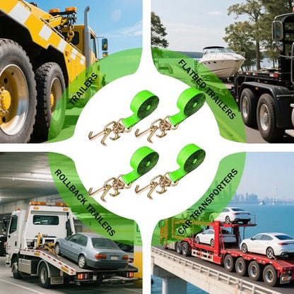 4PCs 2" x12' Recovery Winch Strap w/RTJ Cluster Hook, 10000LBS Tow Truck Car Wrecker Winch Tie Down Straps, Heavy Duty Autohauler Car Tie Down Straps(Green) - size: 2"x12FT(4PCs)-Green
